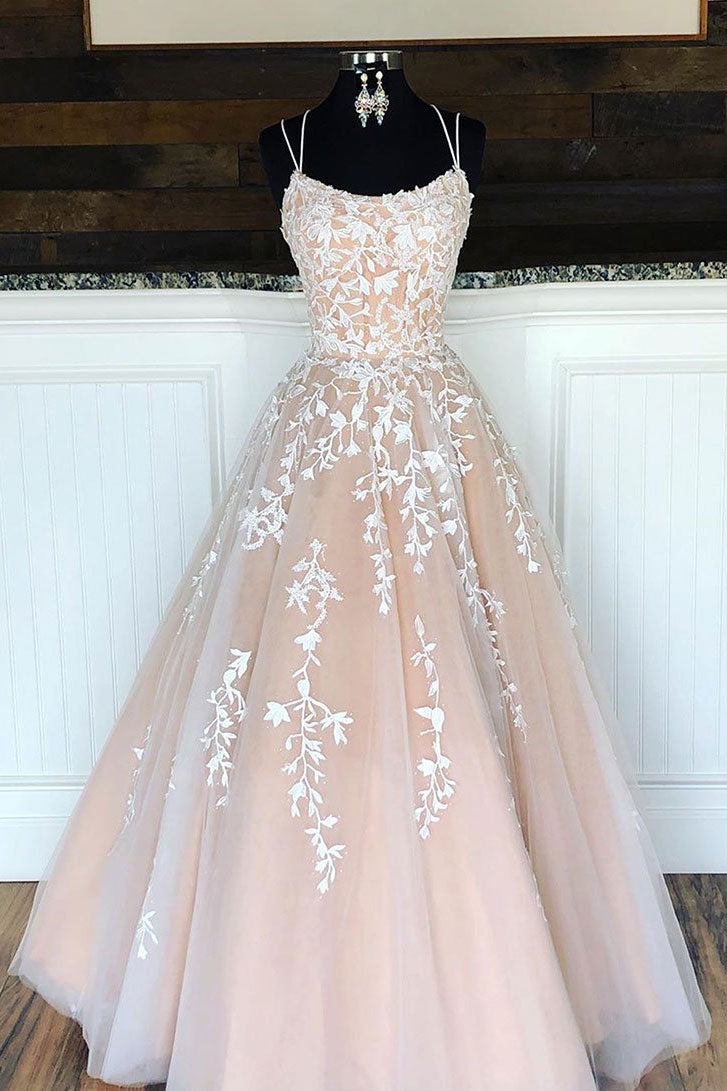 Champagne tulle lace long prom dress, champagne tulle formal dress