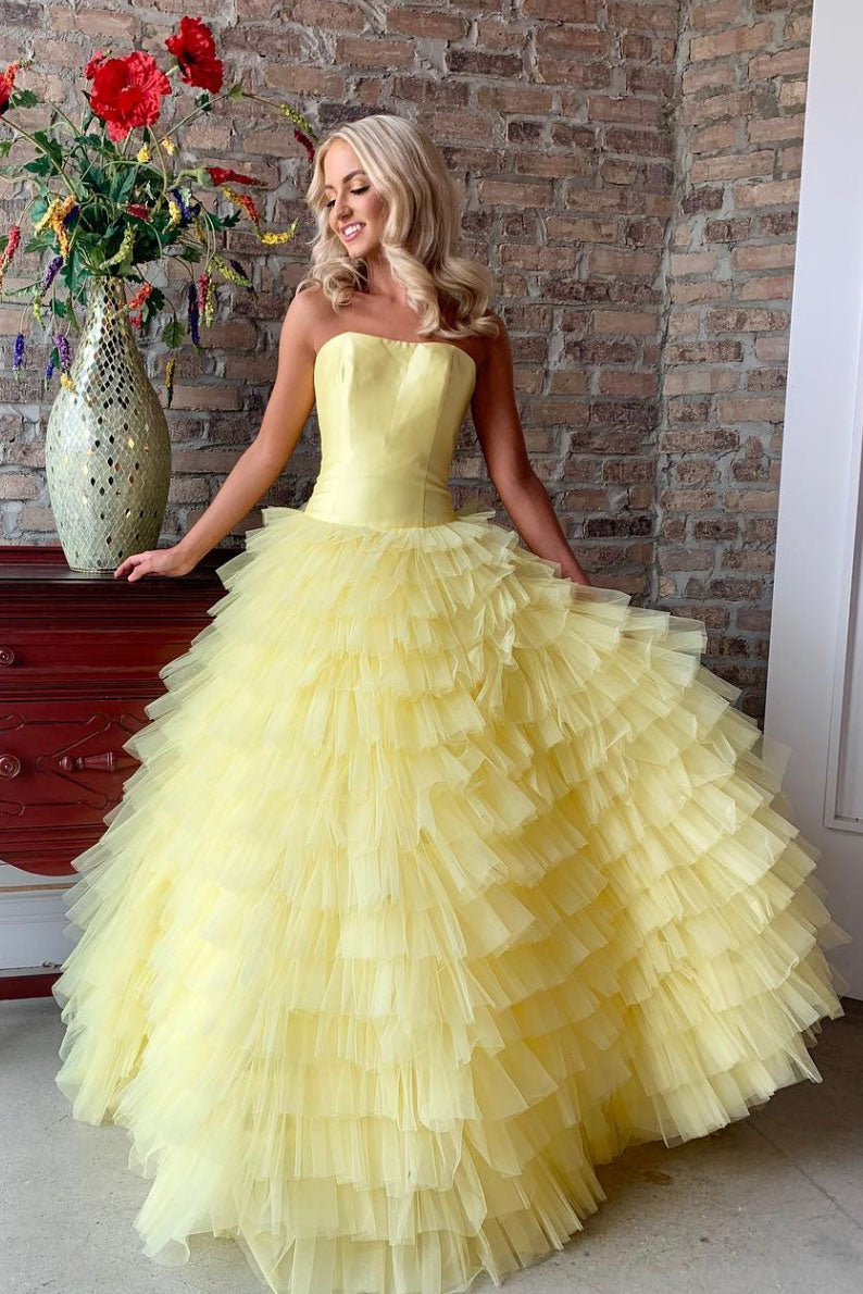 Yellow tulle long sweet 16 dress, tulle prom dress