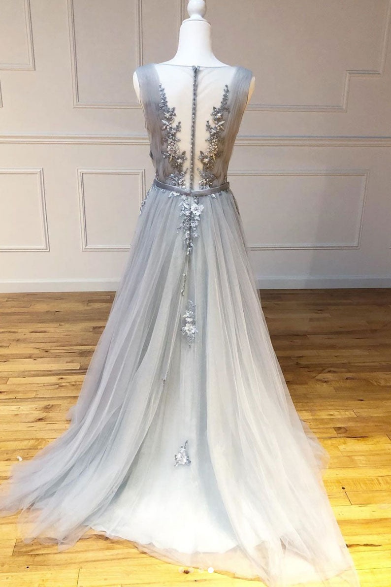 Gray round neck tulle lace long prom dress gray lace evening dress