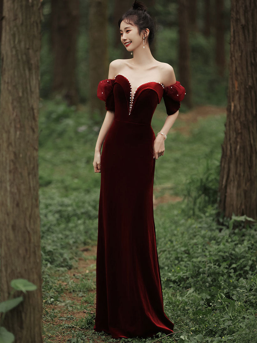 Simple burgundy velvet mermaid long prom dress, burgundy evening dress Simple burgundy velvet mermaid long prom dress, burgundy evening dress