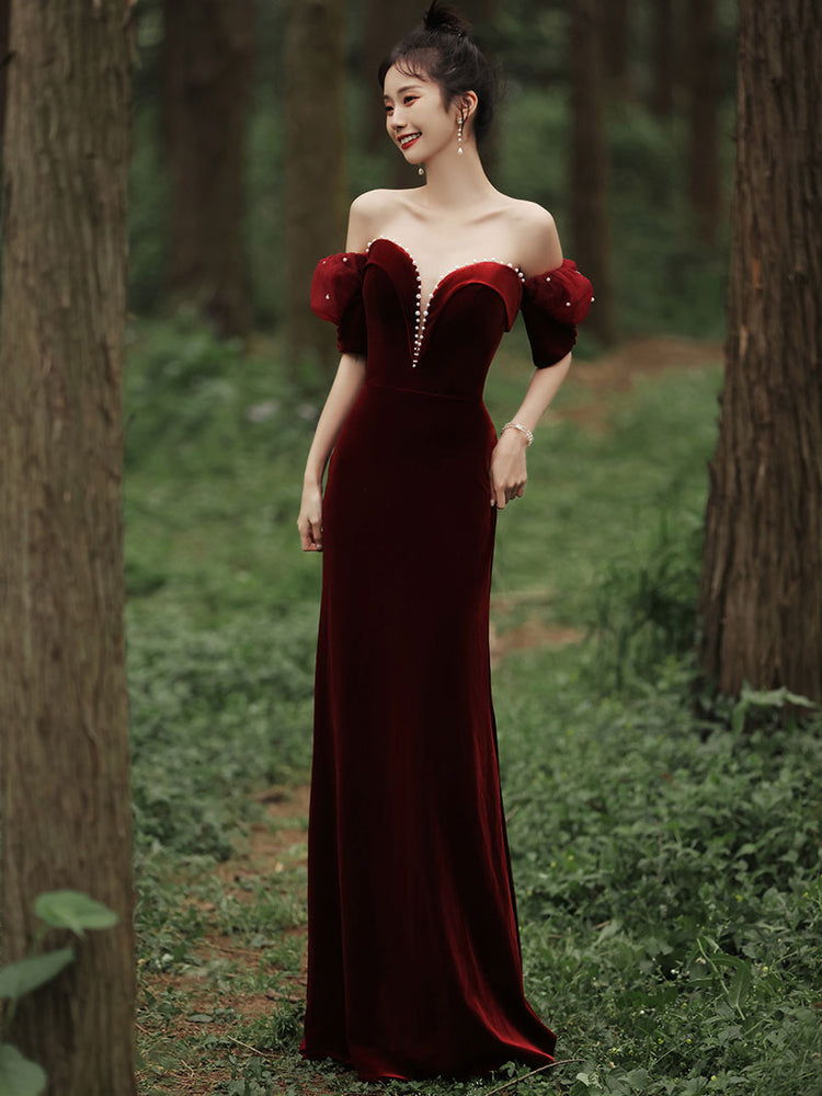 
                  
                    Simple burgundy velvet mermaid long prom dress, burgundy evening dress
                  
                