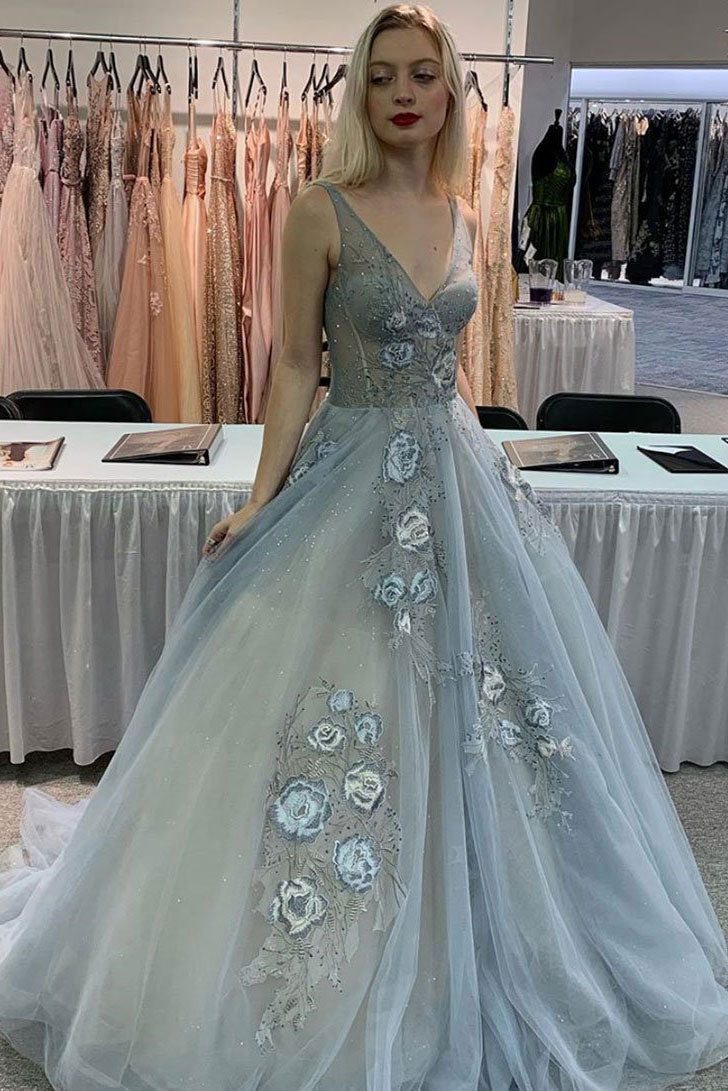 Gray v neck tulle lace sequin long prom dress gray evening dress