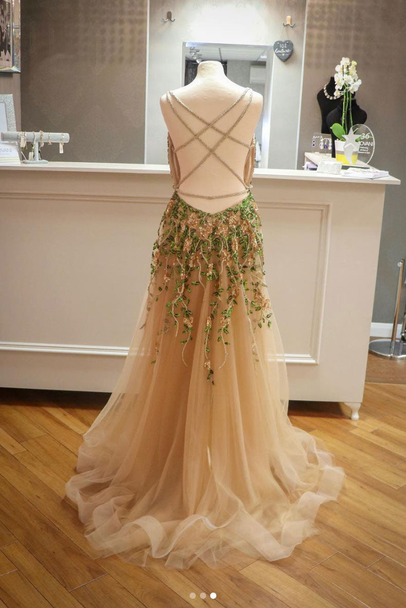 Champagne tulle beads sequin long prom dress, champagne evening dress