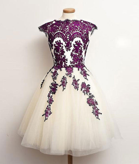 
                  
                    Unique lace tulle short prom dress, lace bridesmaid dress - shdress
                  
                