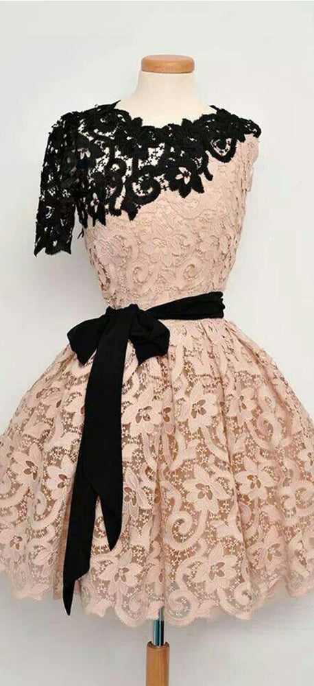 
                  
                    Champagne lace short prom dress, homecoming dress - shdress
                  
                
