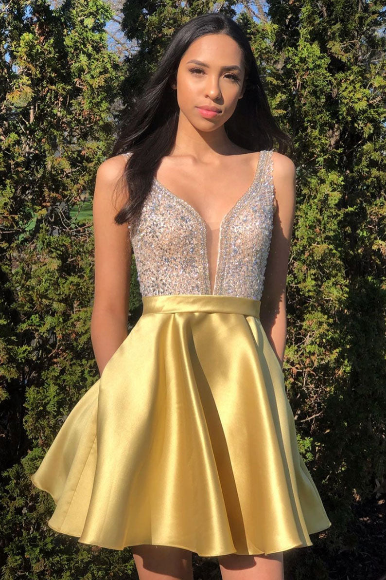Gold v neck satin beads sequin short prom dress gold homecoming dress