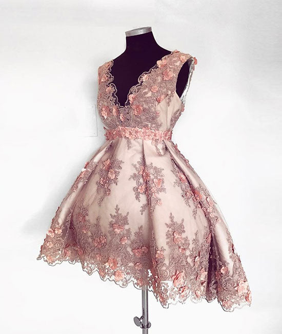 Pink v neck lace short prom dress, pink homecoming dress - shdress