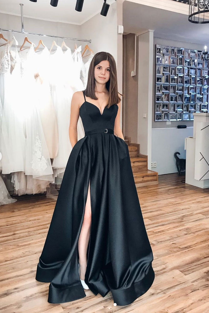 Satin Dress With Lace Sleeves A-Line Long Sleeve Black Lace Prom Dresses With Train, Lace Satin Dress With Lace Sleeves A-Line Long Sleeve Black Lace Prom Dresses With Train, Lace