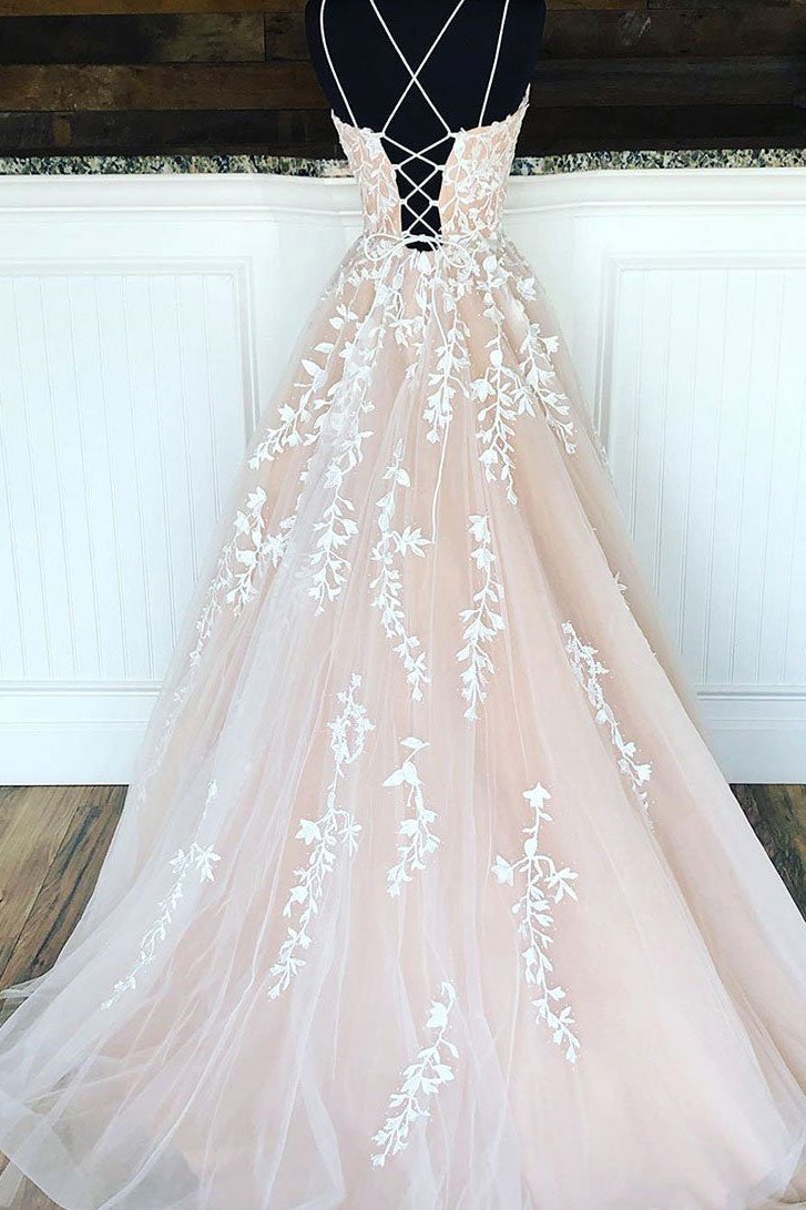 
                  
                    Champagne tulle lace long prom dress, champagne tulle formal dress
                  
                