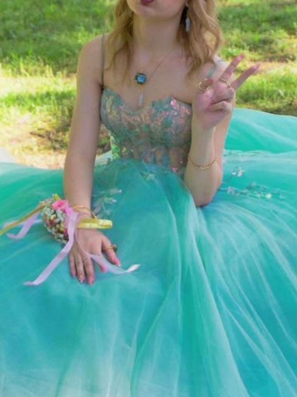 Green sweetheart neck tulle long prom dress, green formal evening dress