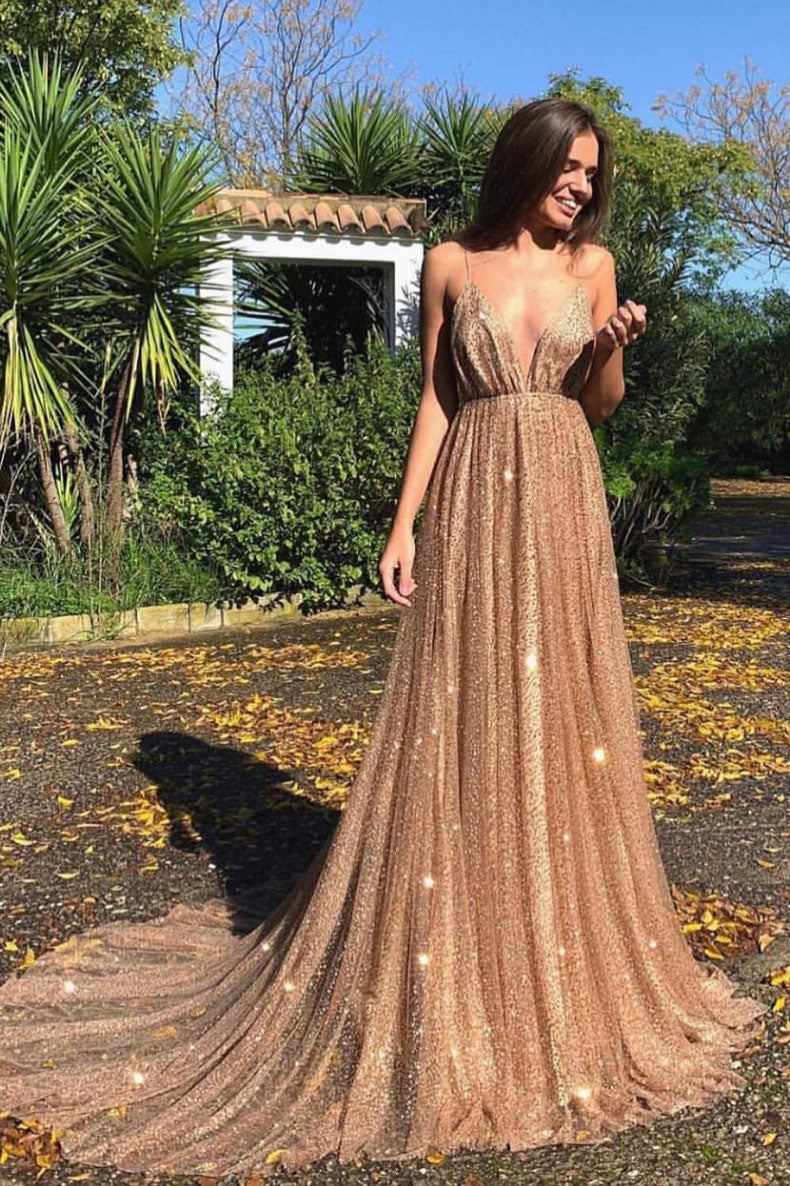 Champagne v neck tulle sequin long prom dress, champagne evening dress shdress Champagne v neck tulle sequin long prom dress, champagne evening dress shdress