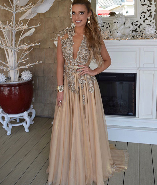 Champagne v neck chiffon applique long prom dress, champagne evening dress Champagne v neck chiffon applique long prom dress, champagne evening dress