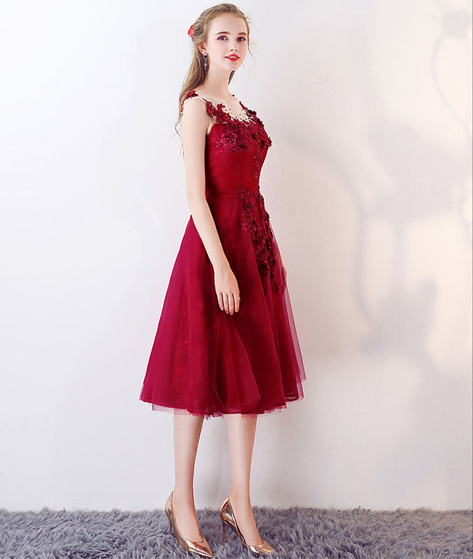 Burgundy tulle lace short prom dress, burgundy lace homecoming dress shdress Burgundy tulle lace short prom dress, burgundy lace homecoming dress shdress