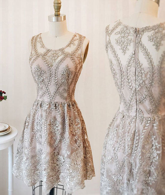 Cute round neck lace short prom dress, homecoming dress, bridesmaid dress - shdress