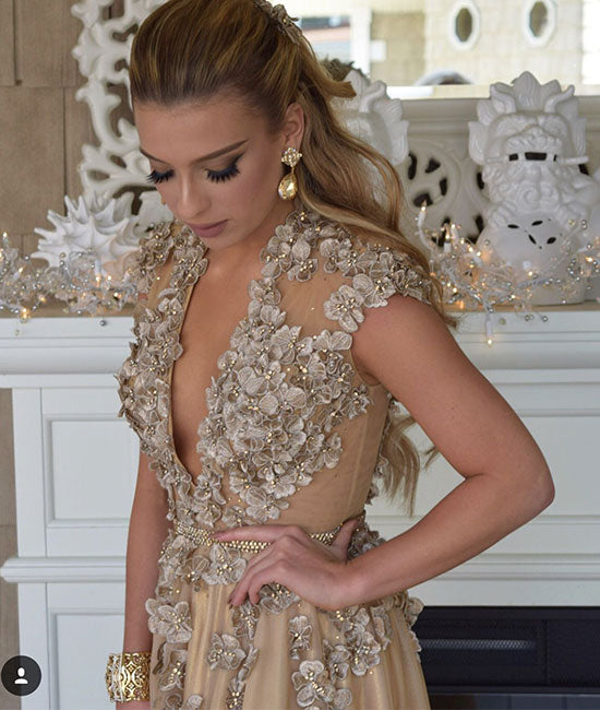 Champagne v neck chiffon applique long prom dress, champagne evening d shdress Champagne v neck chiffon applique long prom dress, champagne evening d shdress