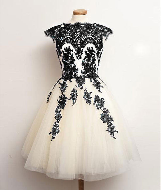 Unique lace tulle short prom dress, lace bridesmaid dress - shdress