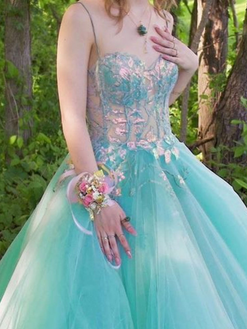 Green sweetheart neck tulle long prom dress, green formal evening dress