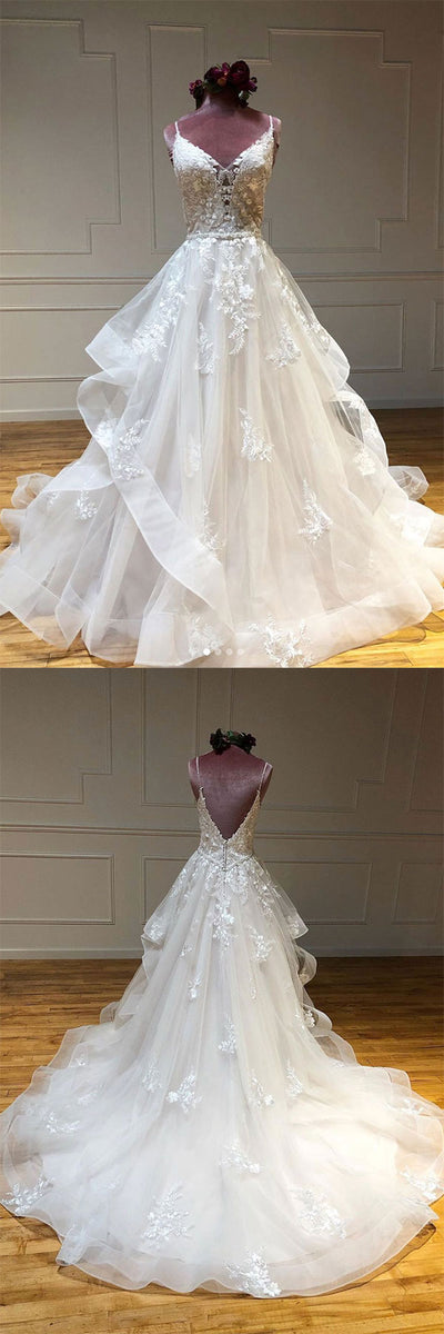 Light champagne tulle lace long prom dress lace long wedding dress ...