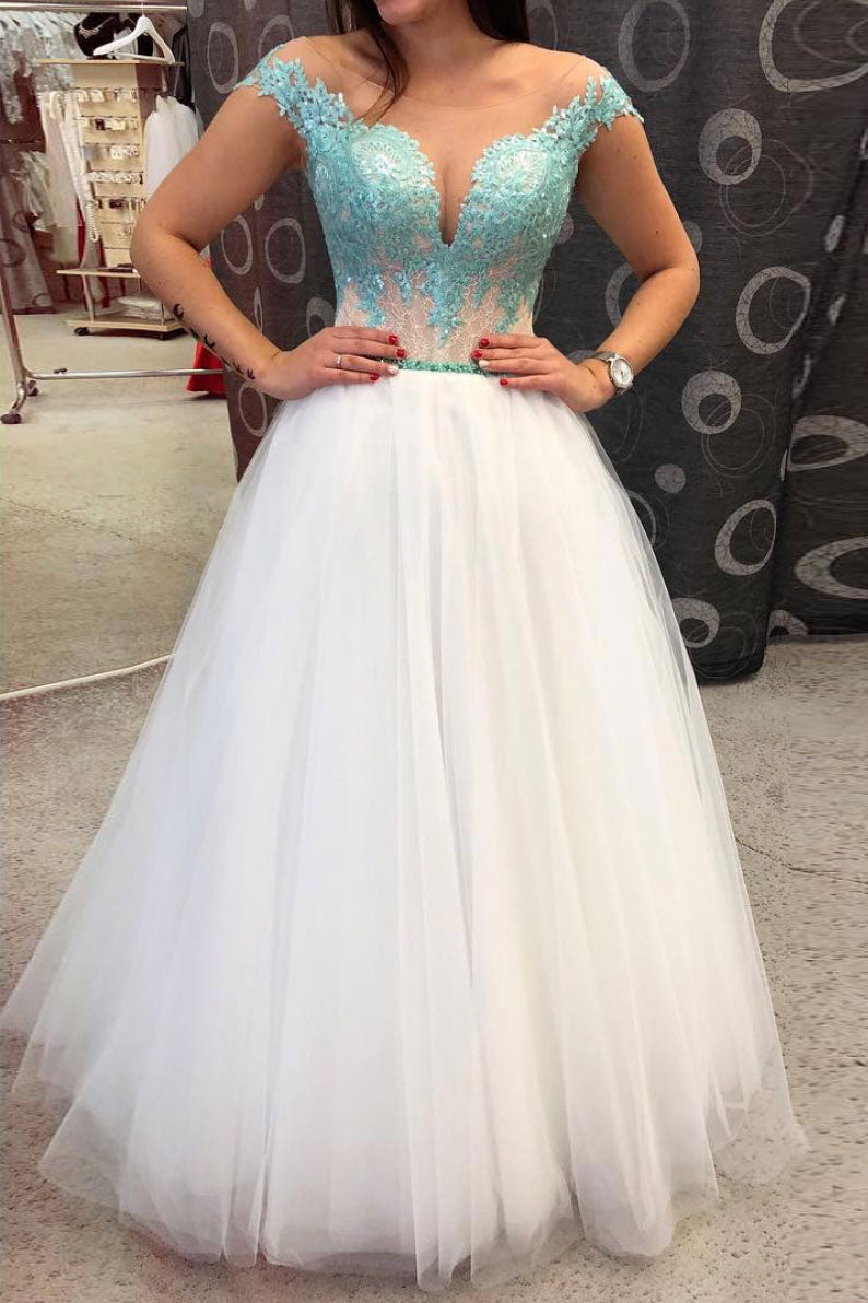 White round neck tulle lace long prom dress green evening dress