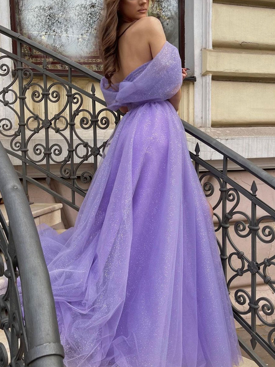 Purple tulle A line long prom dress, purple tulle evening dress shdress Purple tulle A line long prom dress, purple tulle evening dress shdress