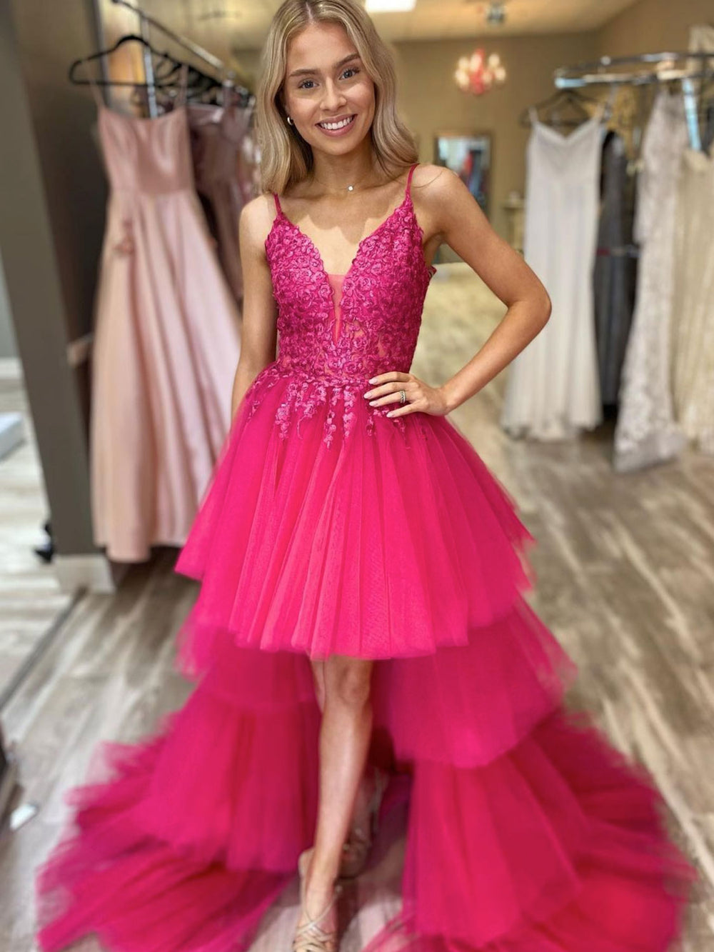 Pink v neck lace tulle high low prom dress, lace evening dress