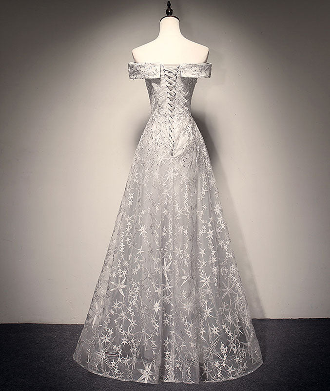 Gray tulle lace long prom dress, lace tulle bridesmaid dress - shdress