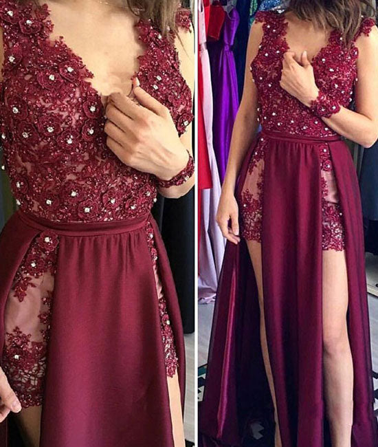 Burgundy v neck chiffon lace applique long prom dress, burgundy evening dress - shdress