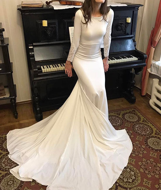 
                  
                    White round neck satin mermaid long prom dress, white evening dress - shdress
                  
                