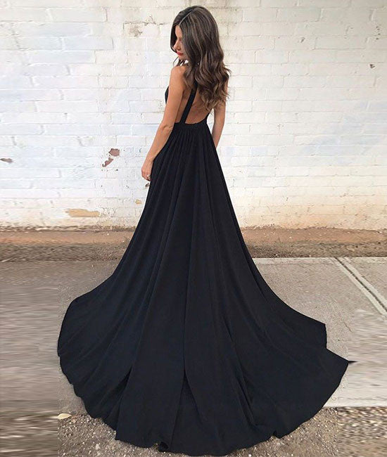
                  
                    Black v neck chiffon long prom dress, black evening dress - shdress
                  
                