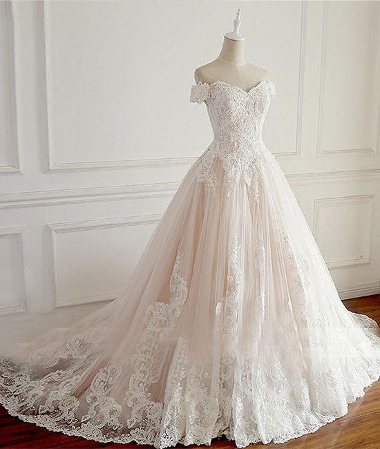 Unique lace tulle long wedding dress, lace long bridal dress - shdress