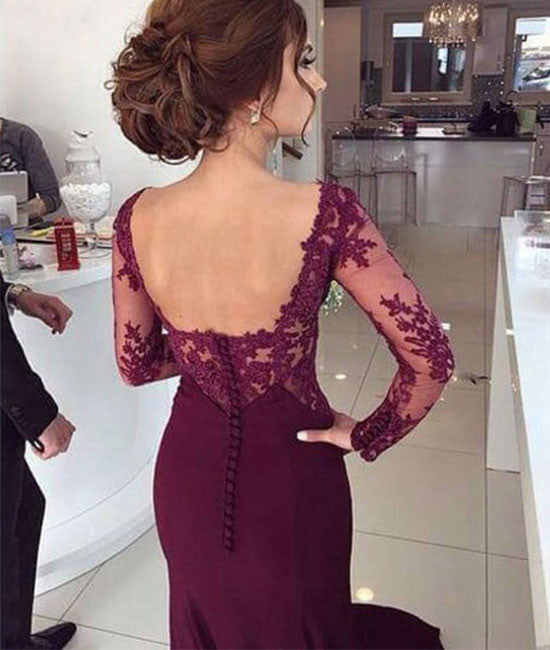 Custom Made Long Maroon Lace Prom Dresses, Formal Dresses - shdress