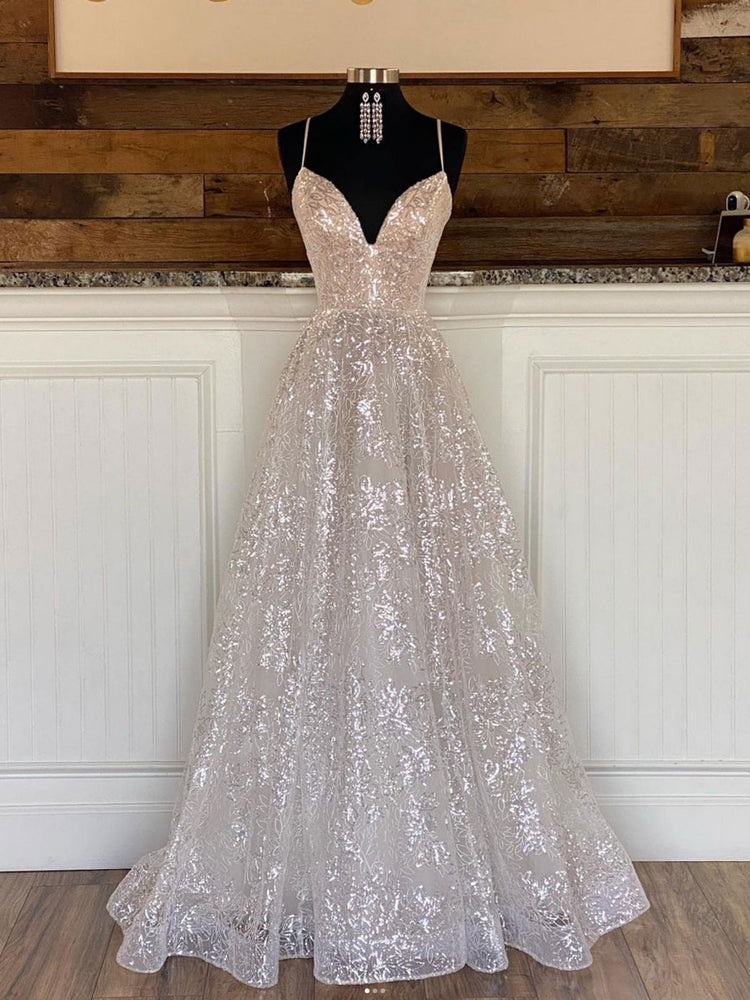 A line sequin long prom dress, champagne sequin evening dress – shdress