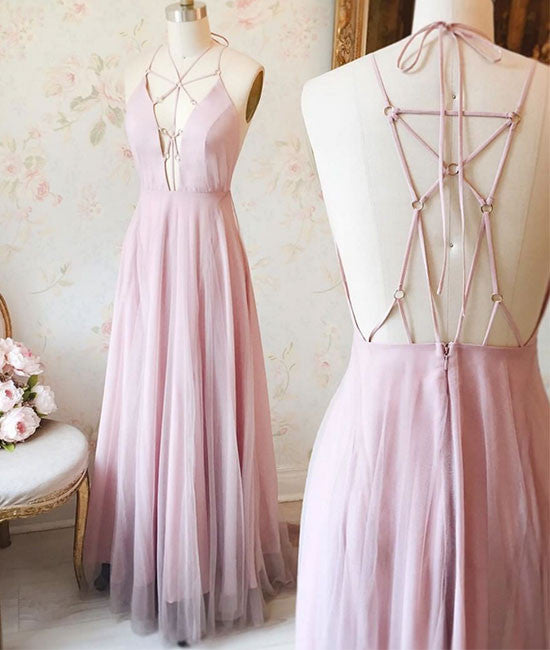 Unique Pink v neck long prom dress, pink evening dress - shdress