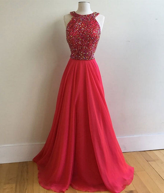Red round neck long prom dress, red evening dress - shdress