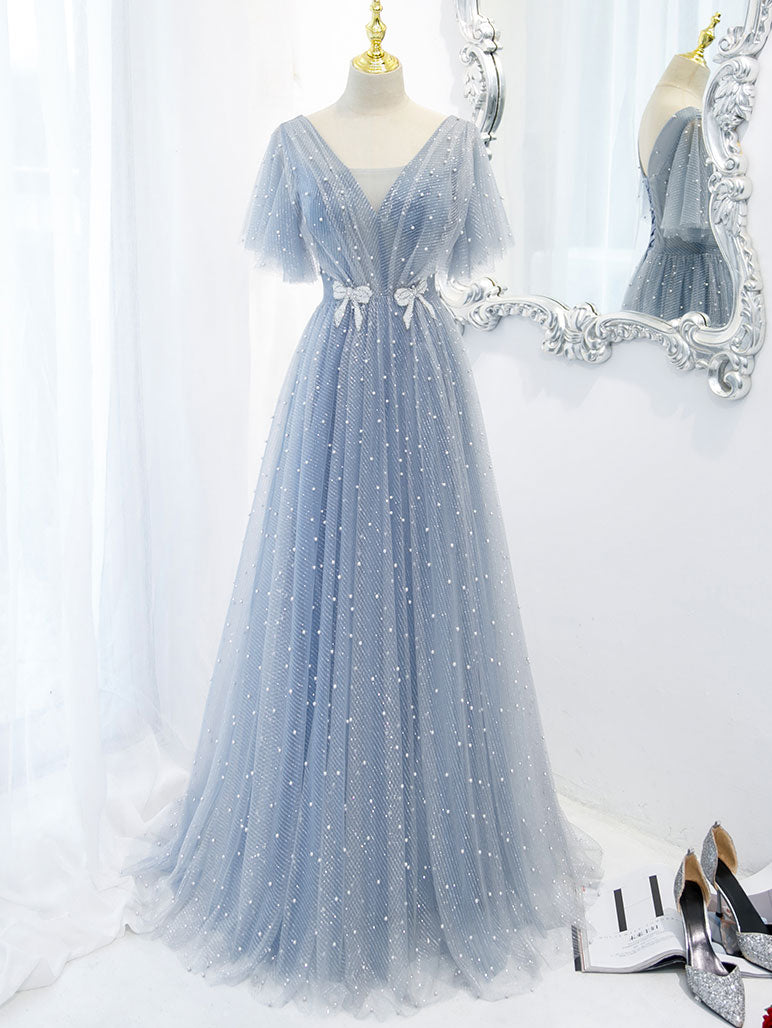 Blue v neck tulle beads long prom dress, blue tulle formal dress shdress Blue v neck tulle beads long prom dress, blue tulle formal dress shdress