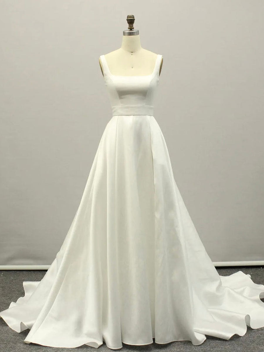 White A lien satin long prom dress , white long bridesmaid dress