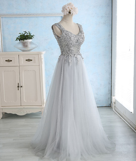 Gray sweetheart lace tulle long prom dress, gray bridesmaid dress