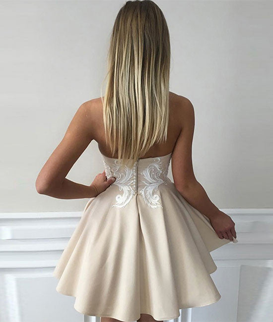 Cute champagne lace applique short prom dress, cute homecoming dress – shdress