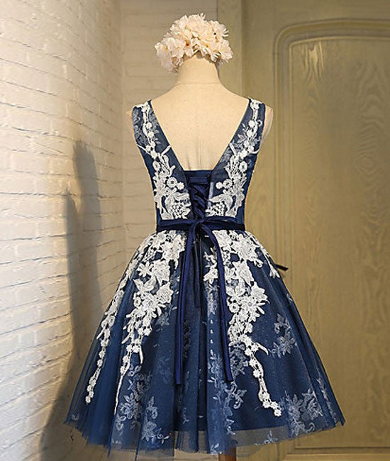 Cute round neck lace tulle dark blue short prom dress, bridesmaid dress - shdress