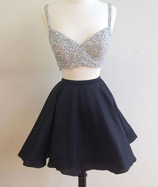 Black two pieces short prom dress, two pieces homecoming dress - shdress