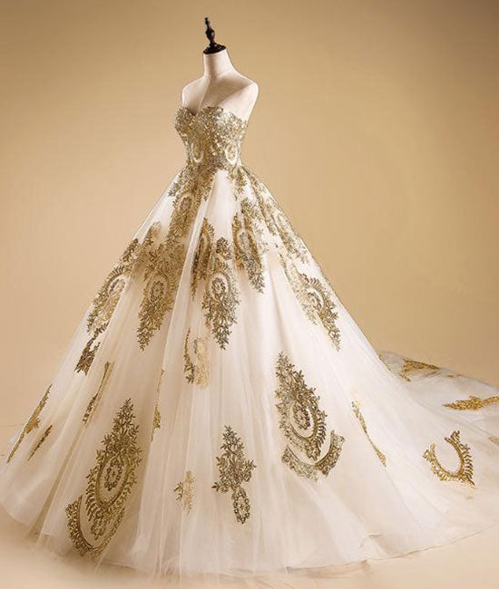 Gold sweetheart neck tulle long prom gown, gold evening dress - shdress