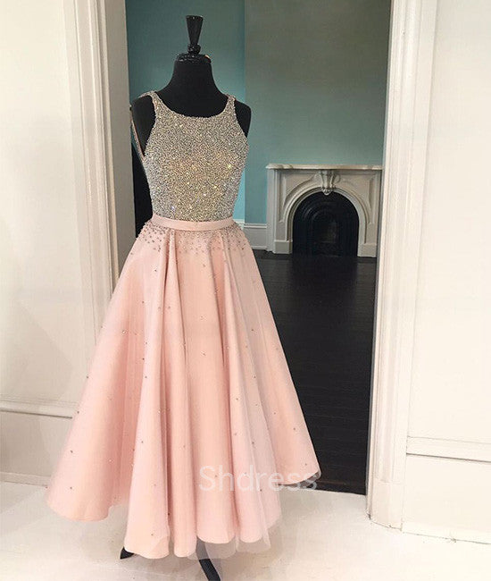Cute pink sequin tea-long prom dress, pink sequin formal dress for teens - shdress