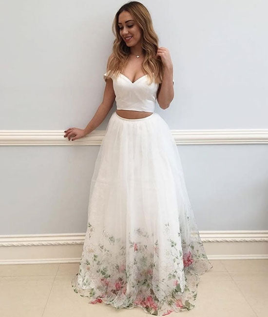 white two pieces tulle long prom dress, white evening dress - shdress