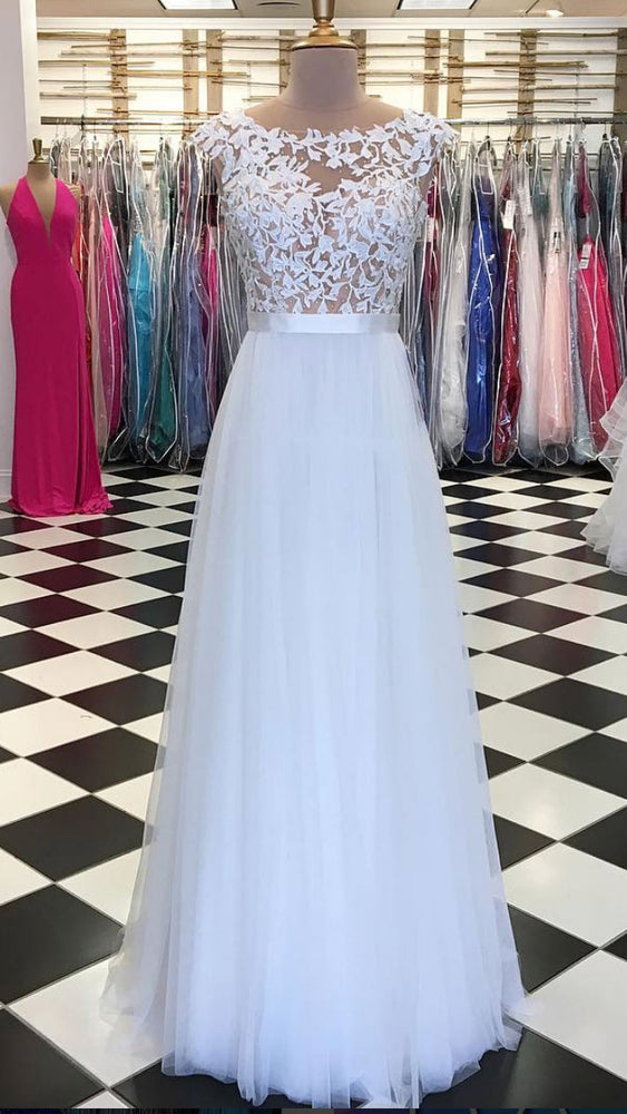 
                  
                    White lace applique tulle long prom dress, white evening dress - shdress
                  
                