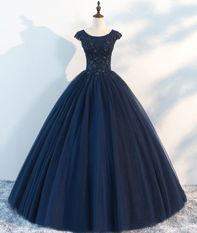 
                  
                    Dark blue round neck tulle lace long prom dress, blue tulle lace evening dress - shdress
                  
                