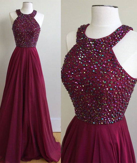Burgundy chiffon long prom dress, burgundy evening dress - shdress