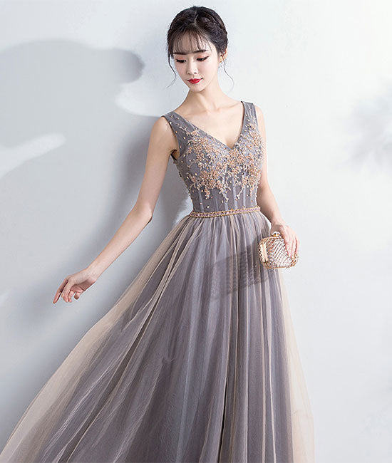 
                  
                    Champagne v neck tulle lace long prom dress, evening dress - shdress
                  
                