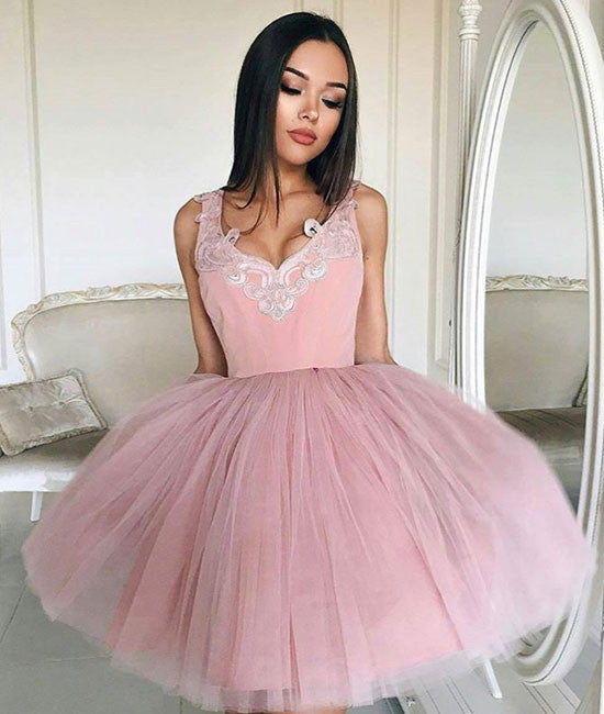 Cute v neck tulle pink short prom dress, pink homecoming dress - shdress