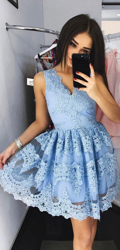 
                  
                    Cute blue lace short prom dress, blue lace homecoming dress - shdress
                  
                