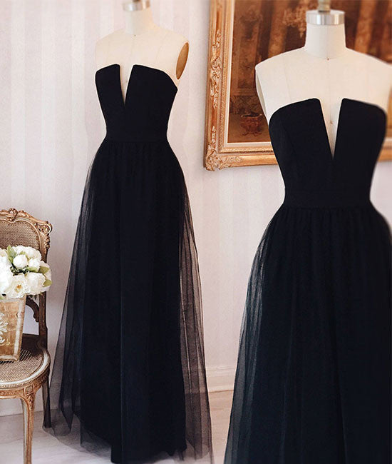 Simple tulle black long prom dress, black formal dress - shdress